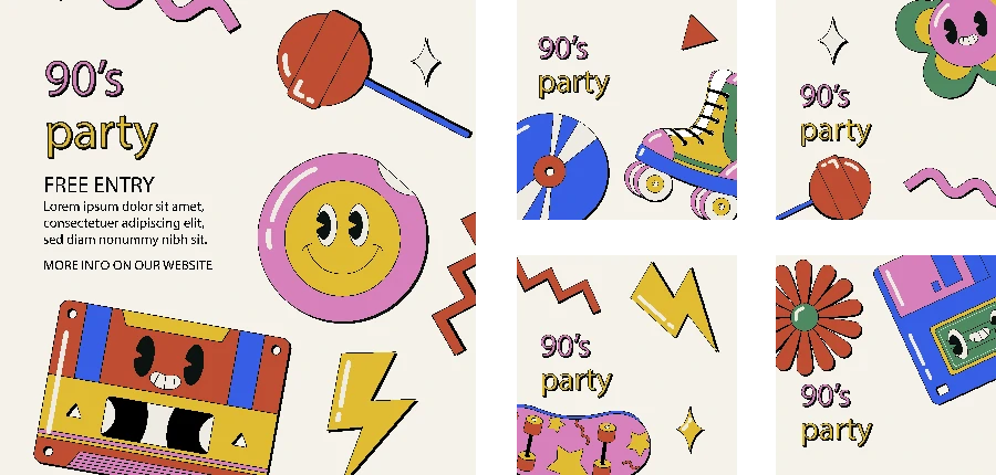 90年代复古趣味卡通花朵笑脸元素BANNER插画海报AI矢量设计素材【001】